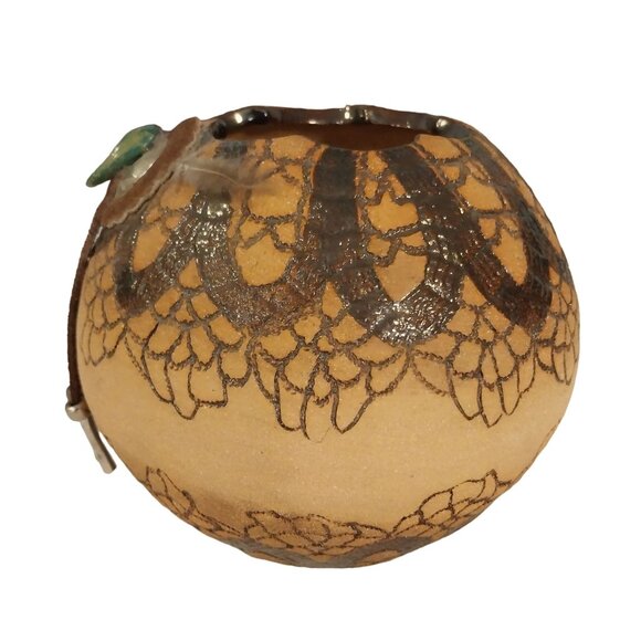 Southwestern Art Pottery Vase With Concho Feather Leather Accents By Trish Keck - Picture 3 of 10